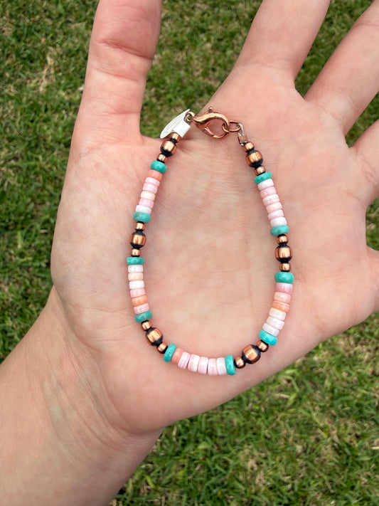 Navajo Strung Copper and Pink Conch Turquoise Bracelet