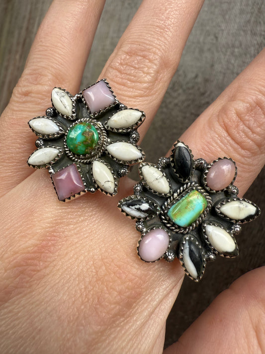 Sonoran Gold Turquoise Pink Opal and White Buffalo Sterling Silver Adjustable Ring