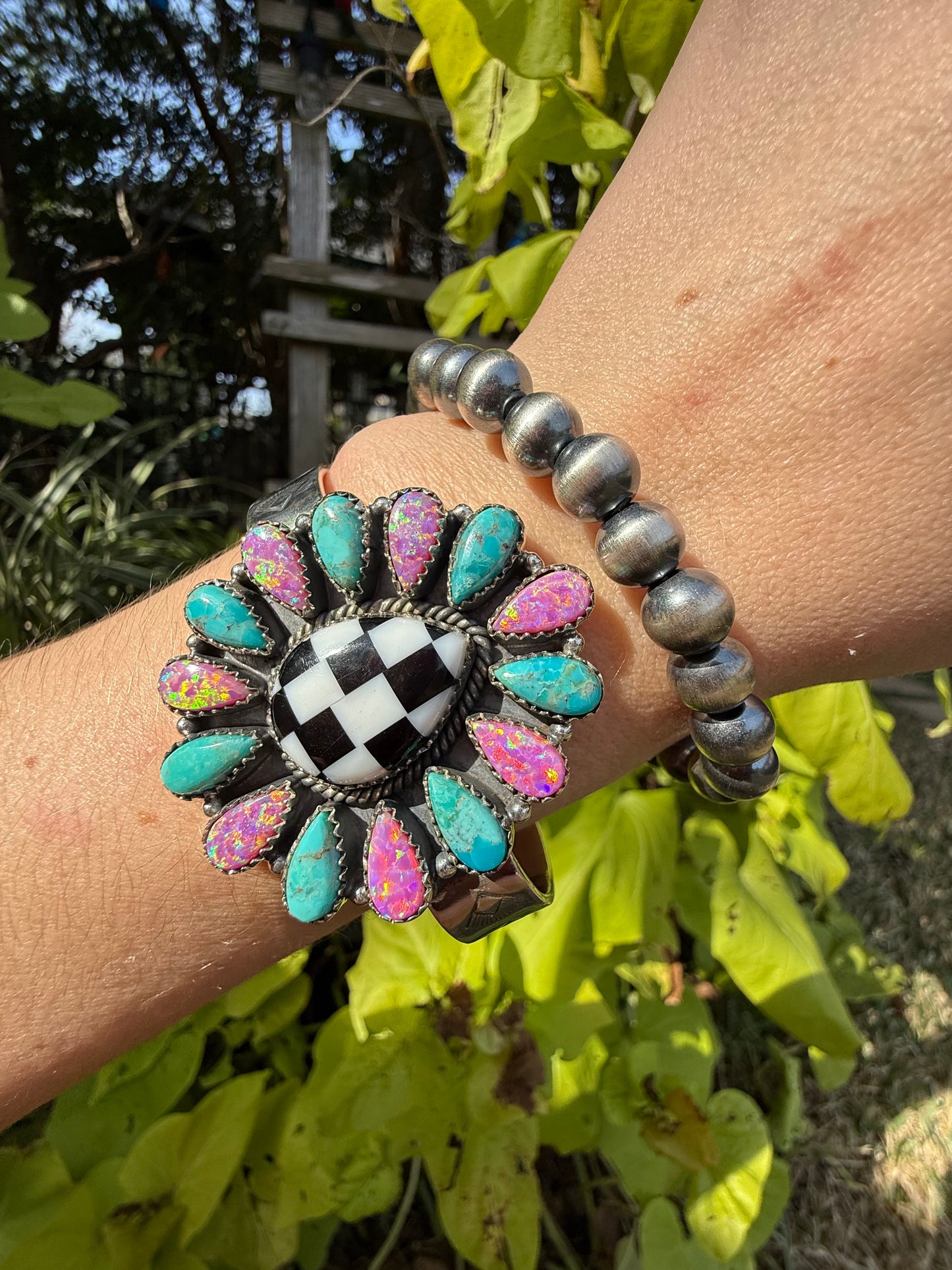 Checkered Pink and Blue Balloon Opal Statement Sterling Silver Cuff