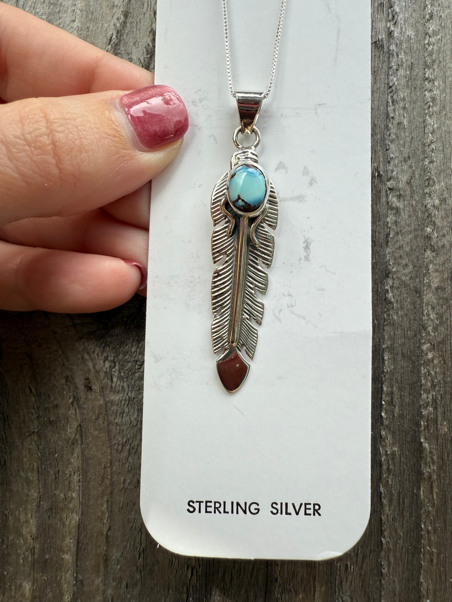Native Golden Hills Turquoise Feather Sterling Silver Necklace