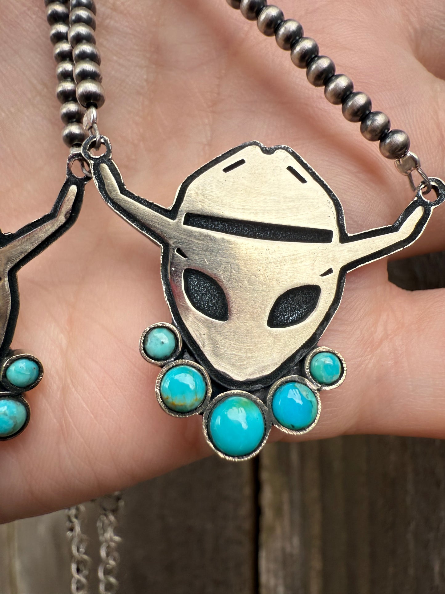 Alien Cowboy Turquoise Desert Pearl Sterling Silver Necklace