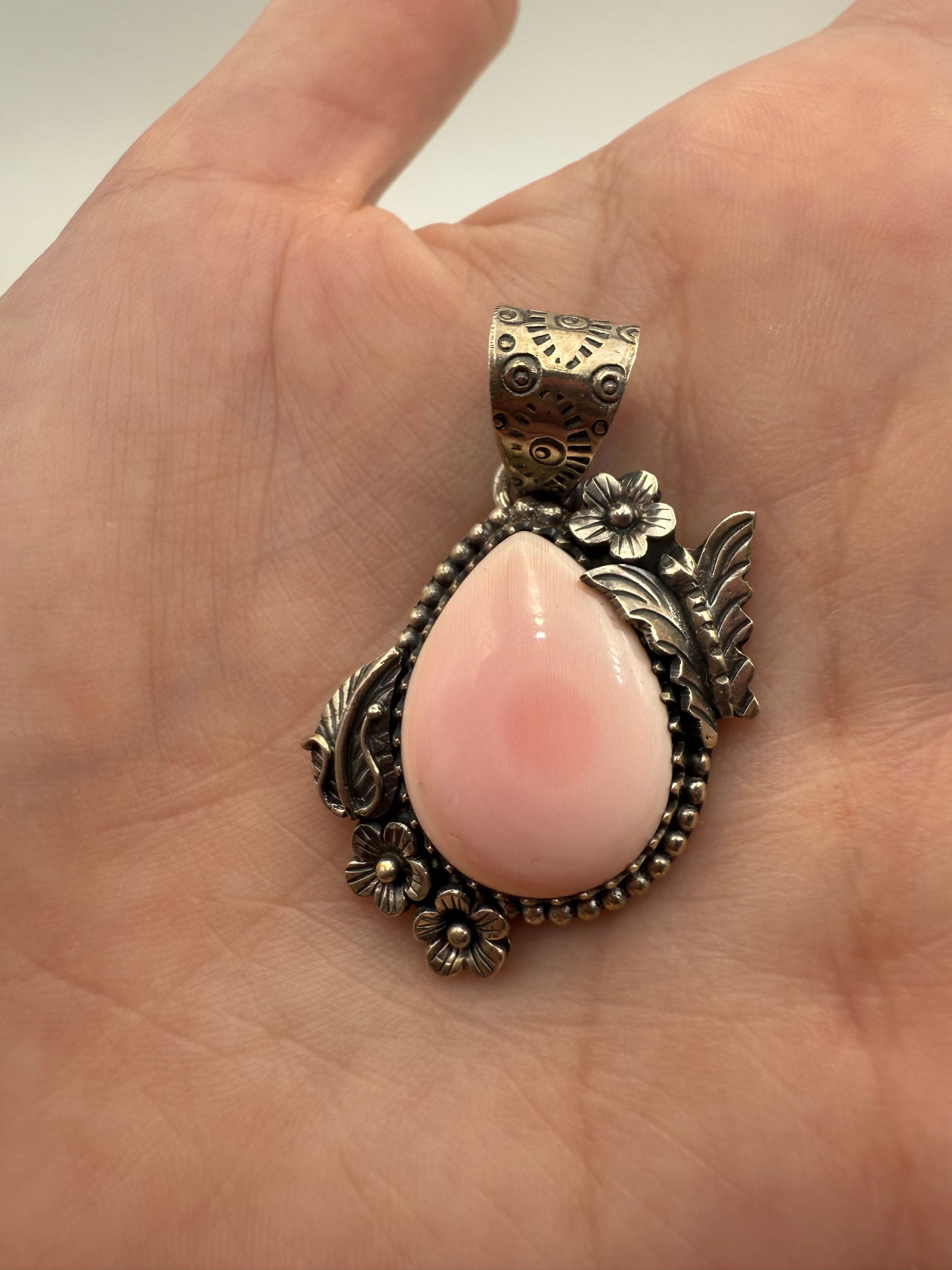 Pink Conch Butterfly and Flower Accent Sterling Silver Tear Drop Pendant