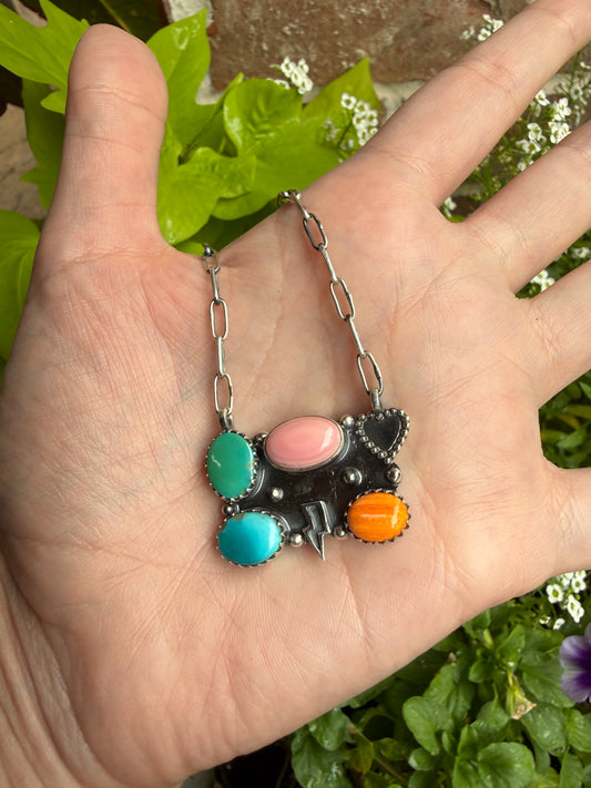 Multi Stone Bar with Heart and Lightening Bolt Sterling Silver Necklace