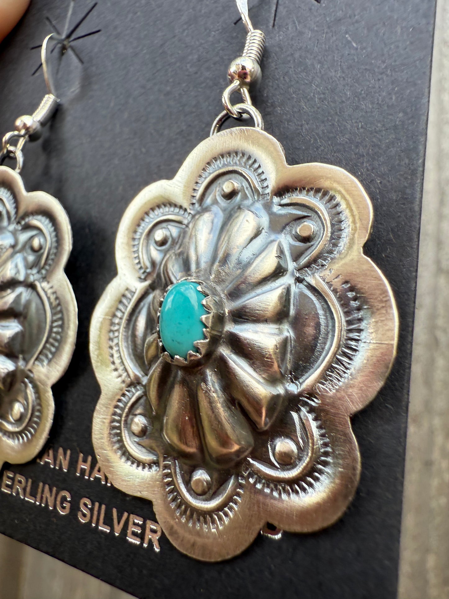 Navajo Turquoise Statement Concho Sterling Silver Earrings By Lavina Benally