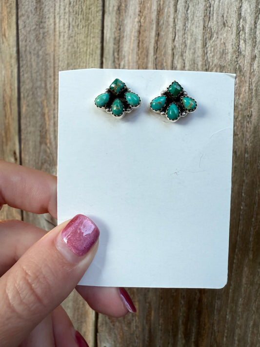 Turquoise Half Flower Cluster Sterling Silver Earrings