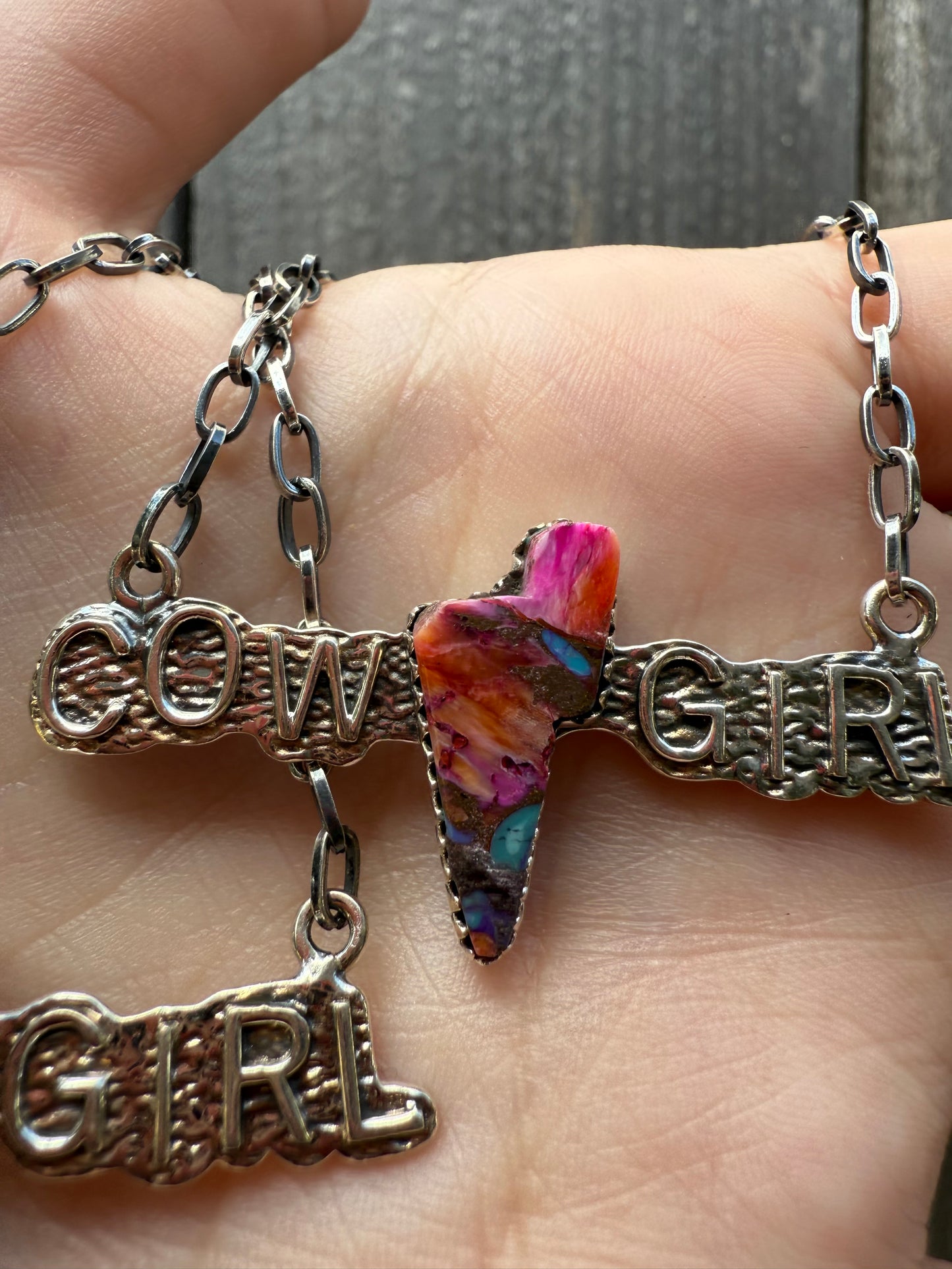 Pink Spiny and Purple Mojave Cowgirl Lightening Bolt Sterling Silver Necklace