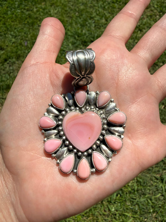 Navajo Pink Conch Heart Cluster Sterling Silver Pendant