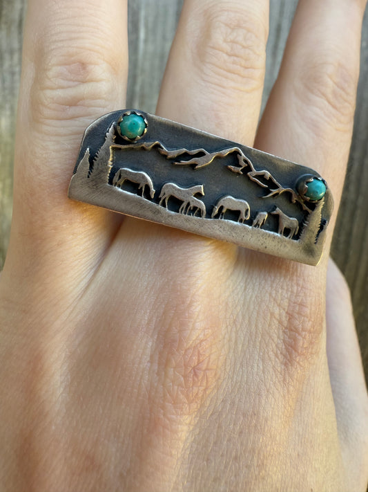 Horse Story Teller Turquoise Adjustable 925 Ring
