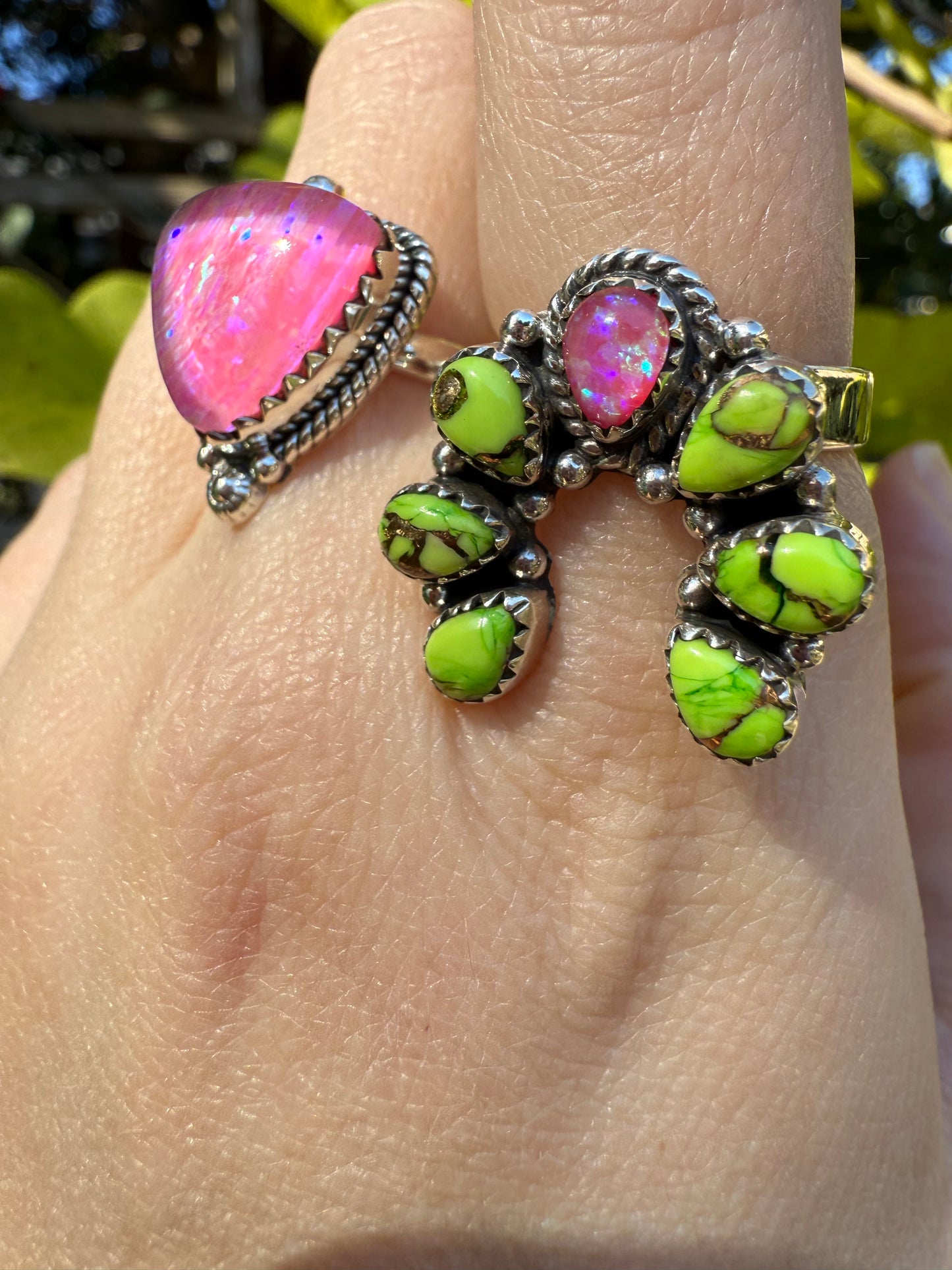 Lime Green Dahlia And Hot Pink Opal Sterling Silver Ring