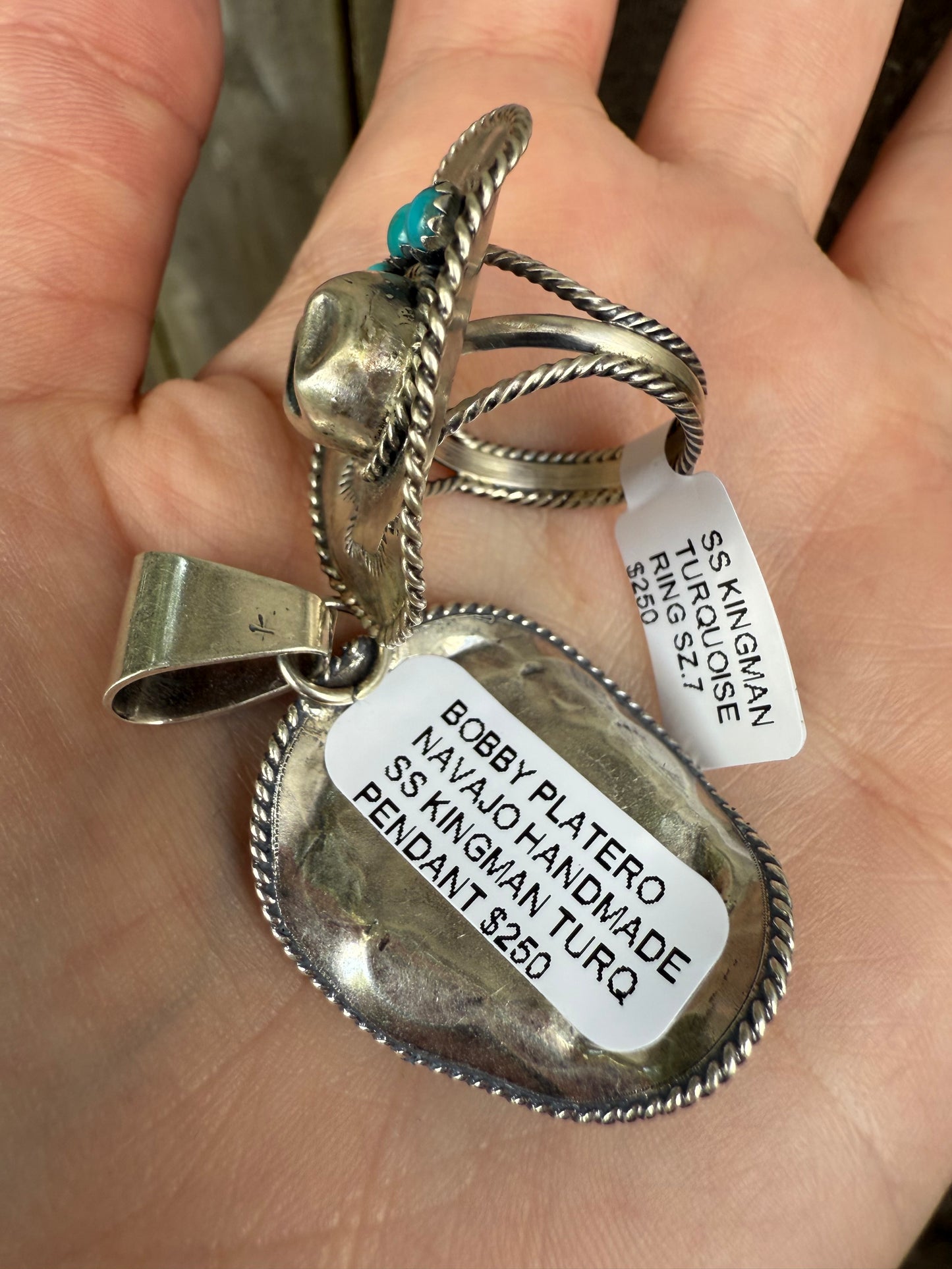 Navajo Turquoise Cowboy Hat By Bobby Platero Sterling Silver Pendant and Ring