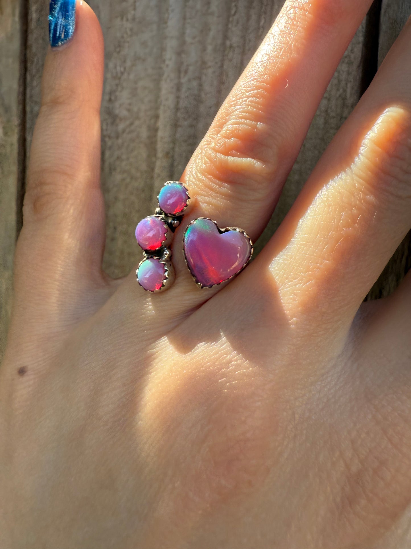 Pink Balloon Opal Heart Floater Sterling Silver Ring