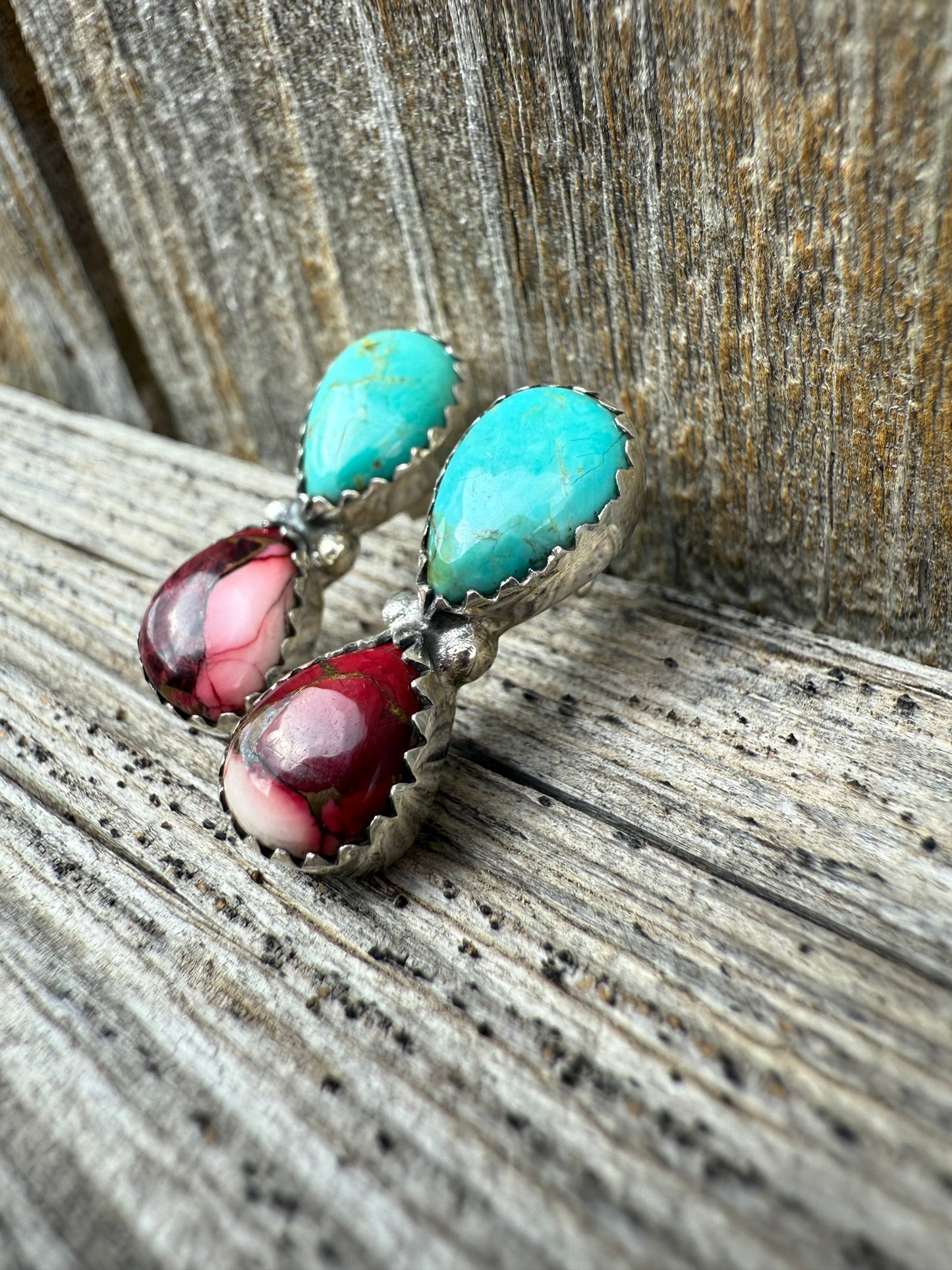 Turquoise and Rose Dahlia Teardrop Sterling Silver 925 Earrings