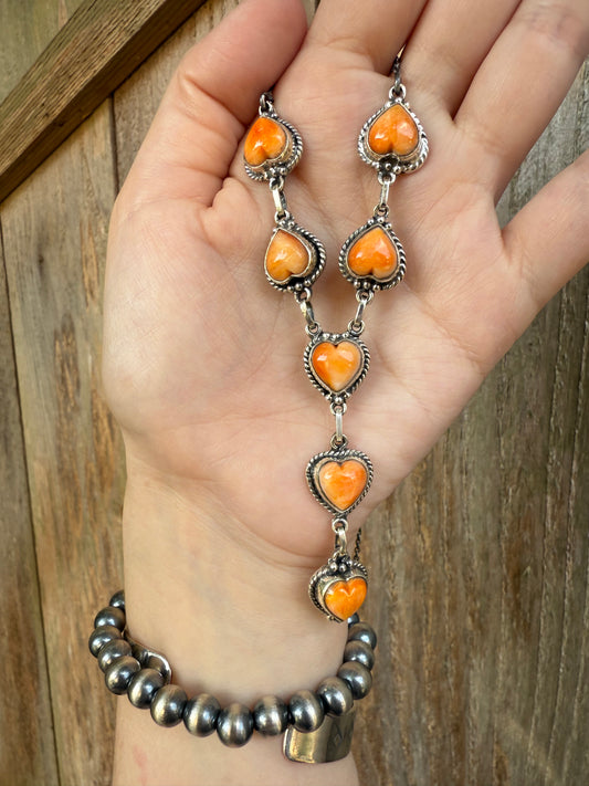 Orange Spiny Turquoise Heart Lariat Sterling Silver Necklace