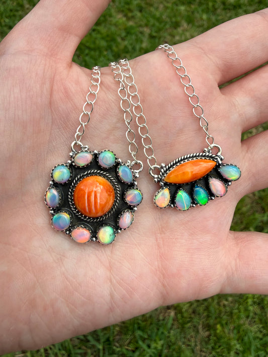 Orange Spiny and Balloon Opal Sterling Silver Fully Adjustable Necklace