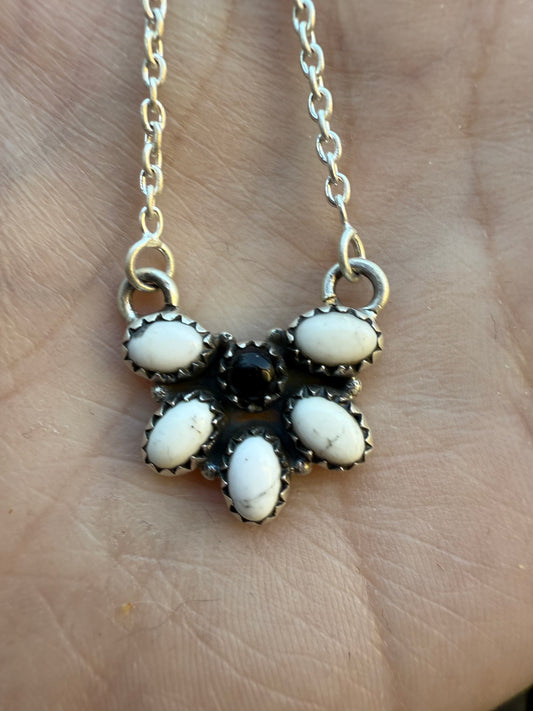 White Buffalo and Black Onyx Half Flower Sterling Silver Necklace