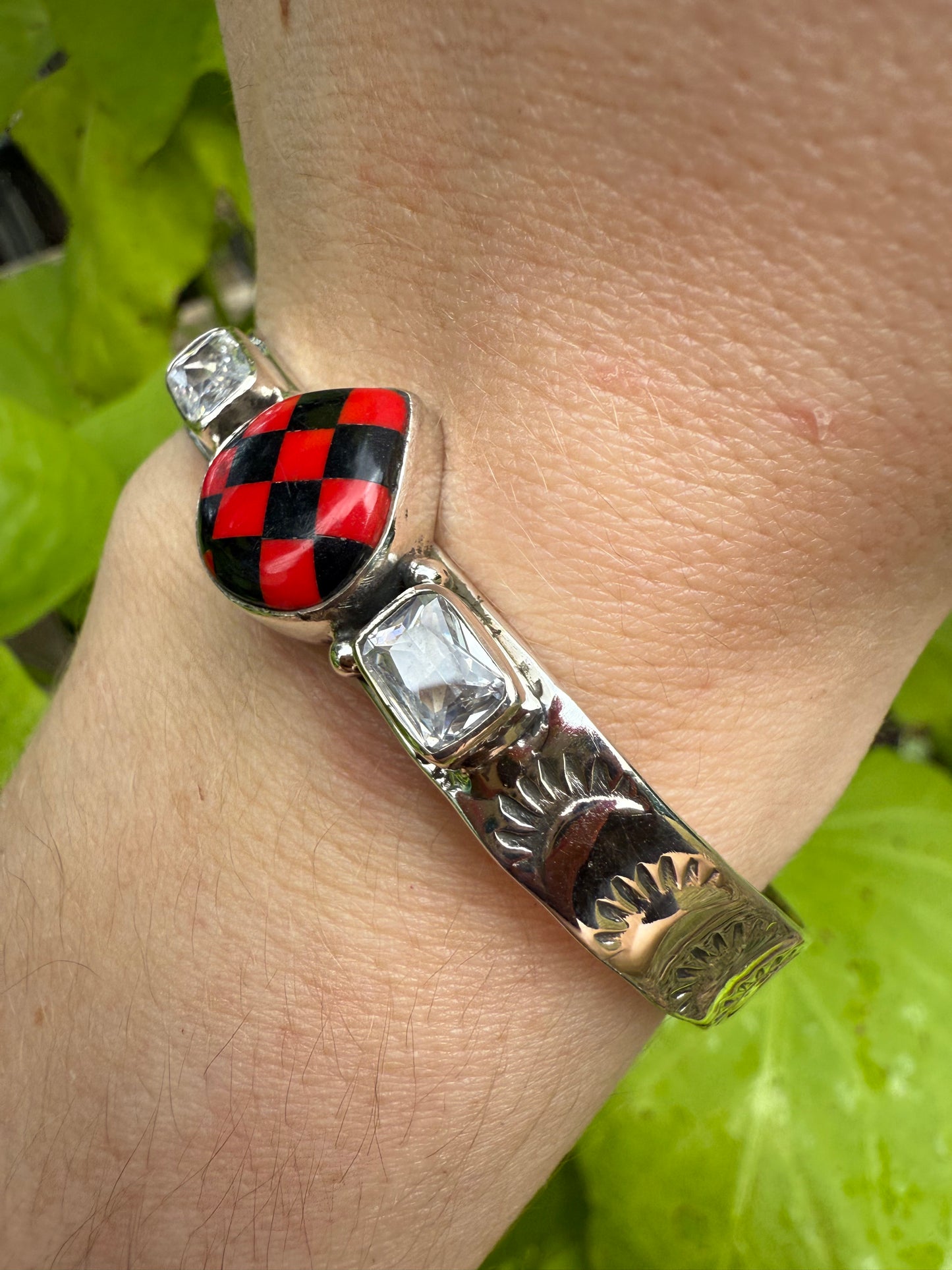 Red and Black Checkered Sterling Silver 925 Cuff