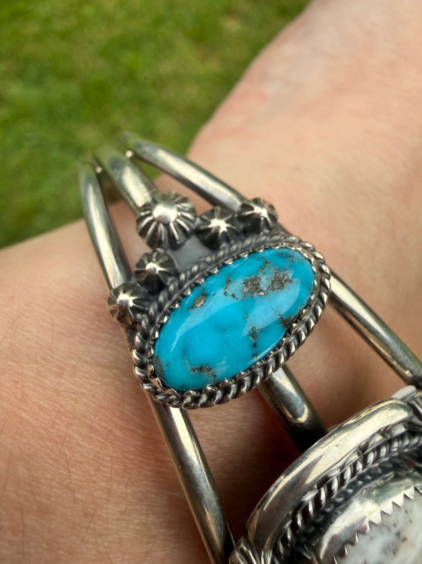 Navajo White Buffalo and Turquoise  Sterling Silver Cuff by Lorraine Yellowhair