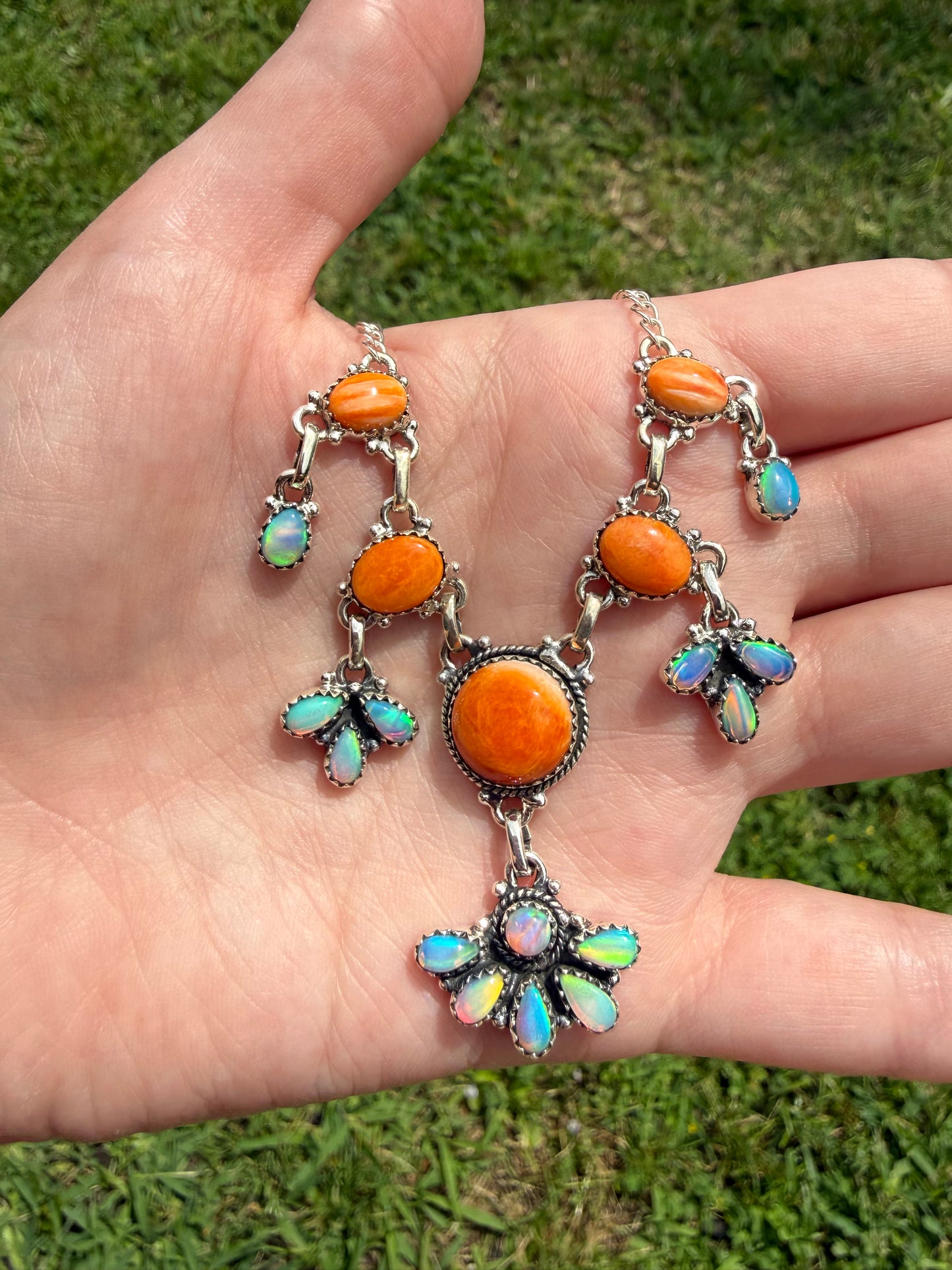 Orange Spiny and Balloon Opal Statement Sterling Silver Necklace