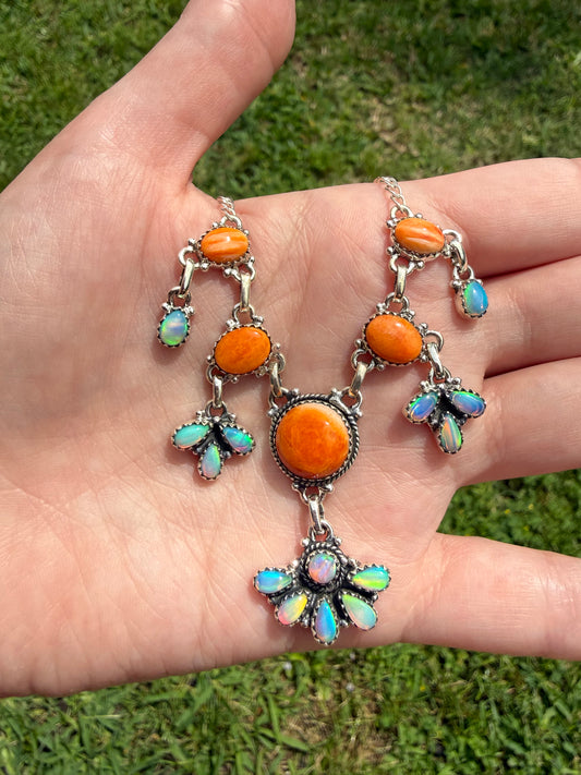 Orange Spiny and Balloon Opal Statement Sterling Silver Necklace