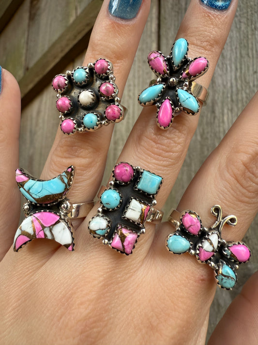 Cotton Candy Turquoise Statement Adjustable Sterling Silver Rings