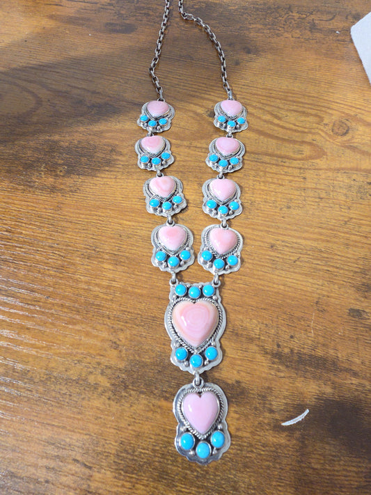 Navajo Pink Conch and Turquoise Statement Cluster Sterling Silver Lariat Necklace