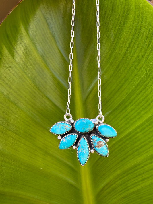 Turquoise Half Flower Gemstone Pendant 925 Paperclip Chain Necklace