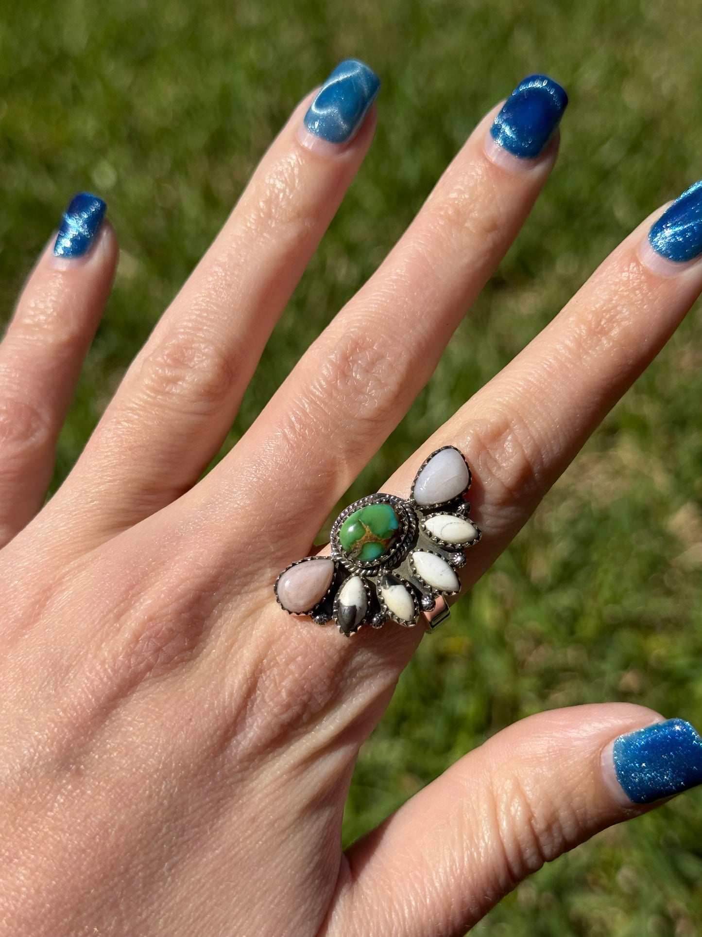 Sonoran Gold Turquoise, White Buffalo, And Pink Opal Sterling Silver Adjustable Ring