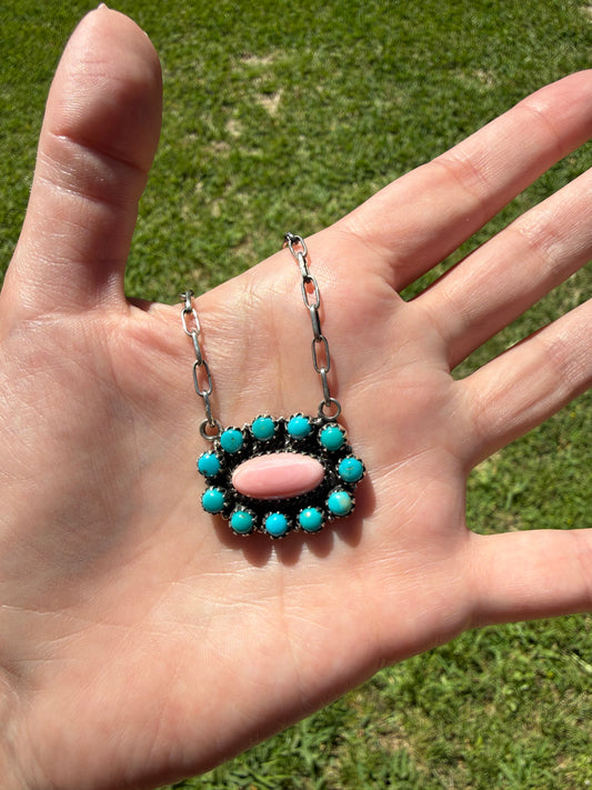 Pink Conch And Kingman Turquoise Sterling Silver Necklace