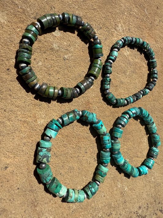 Turquoise Rondelles with Desert Pearl Sterling Silver Accents Stretch Bracelet