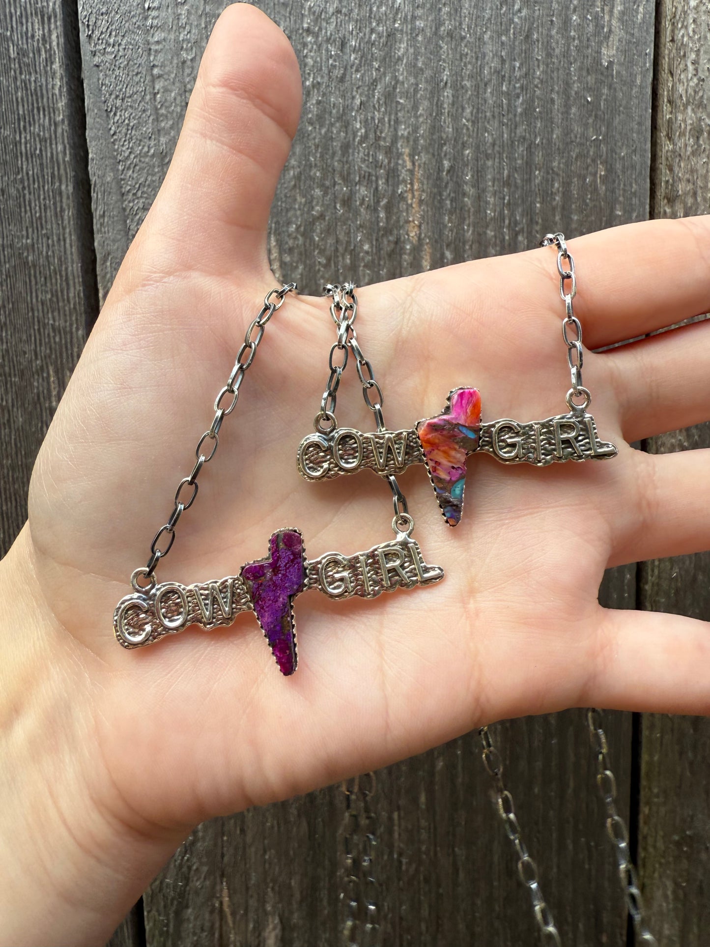 Pink Spiny and Purple Mojave Cowgirl Lightening Bolt Sterling Silver Necklace