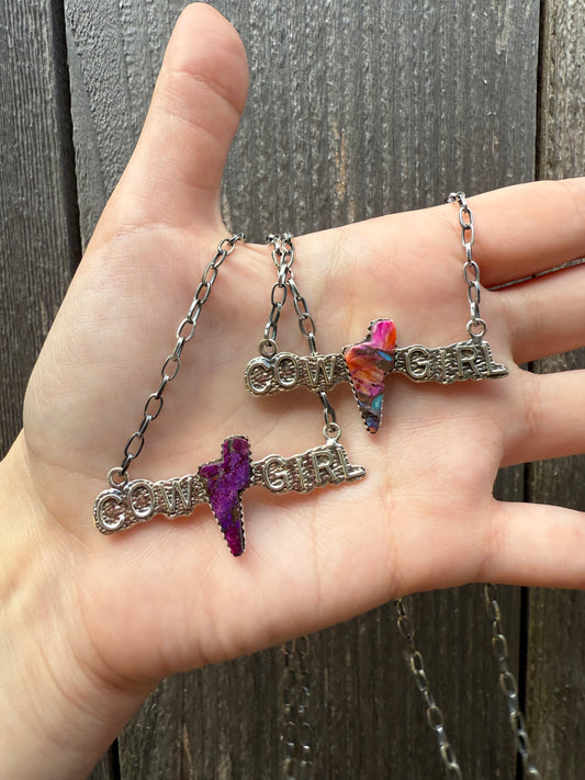 Pink Spiny and Purple Mojave Cowgirl Lightening Bolt Sterling Silver Necklace