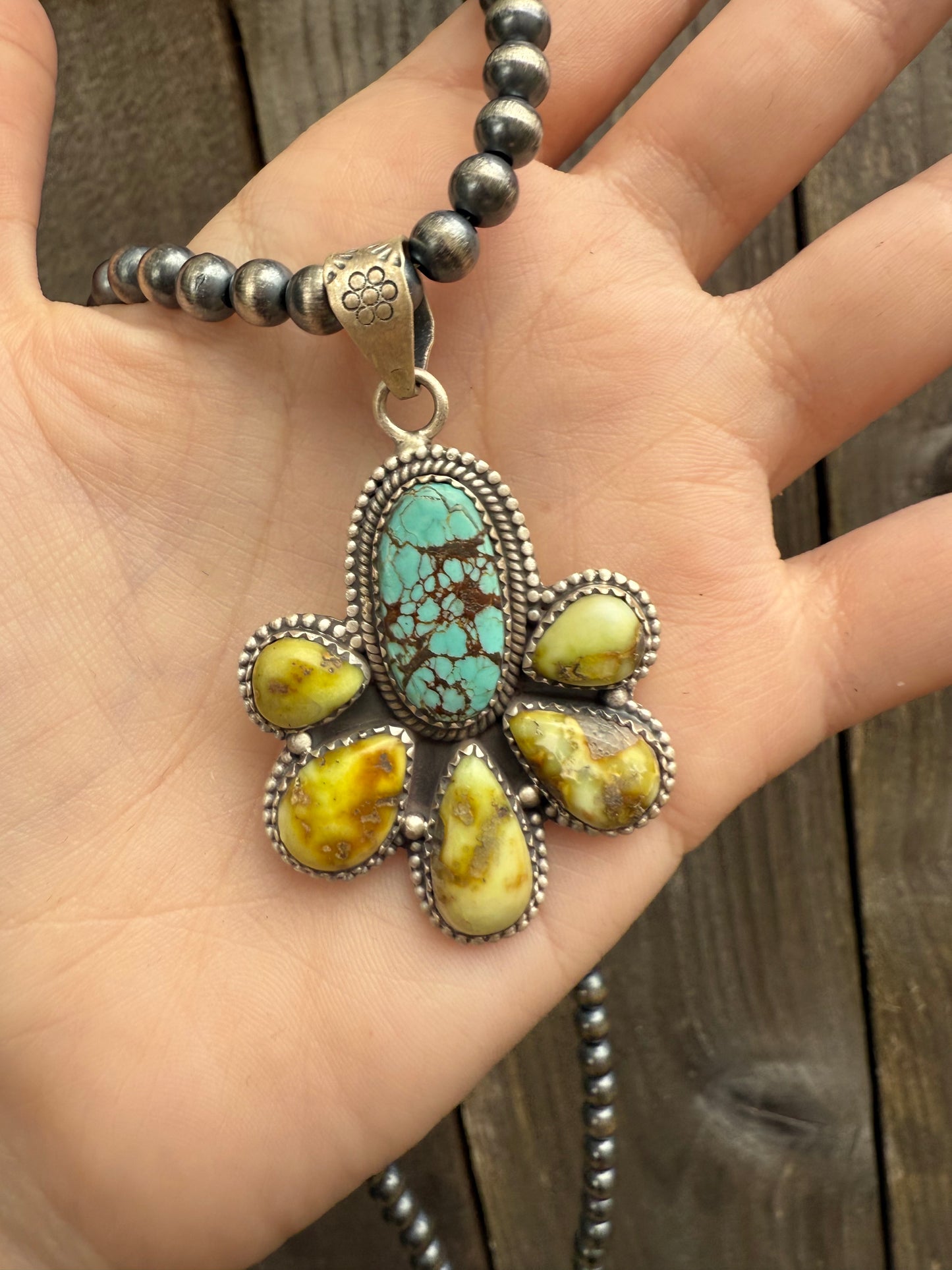 Mine 8 and Palomino Flower Cluster Sterling Silver Pendant