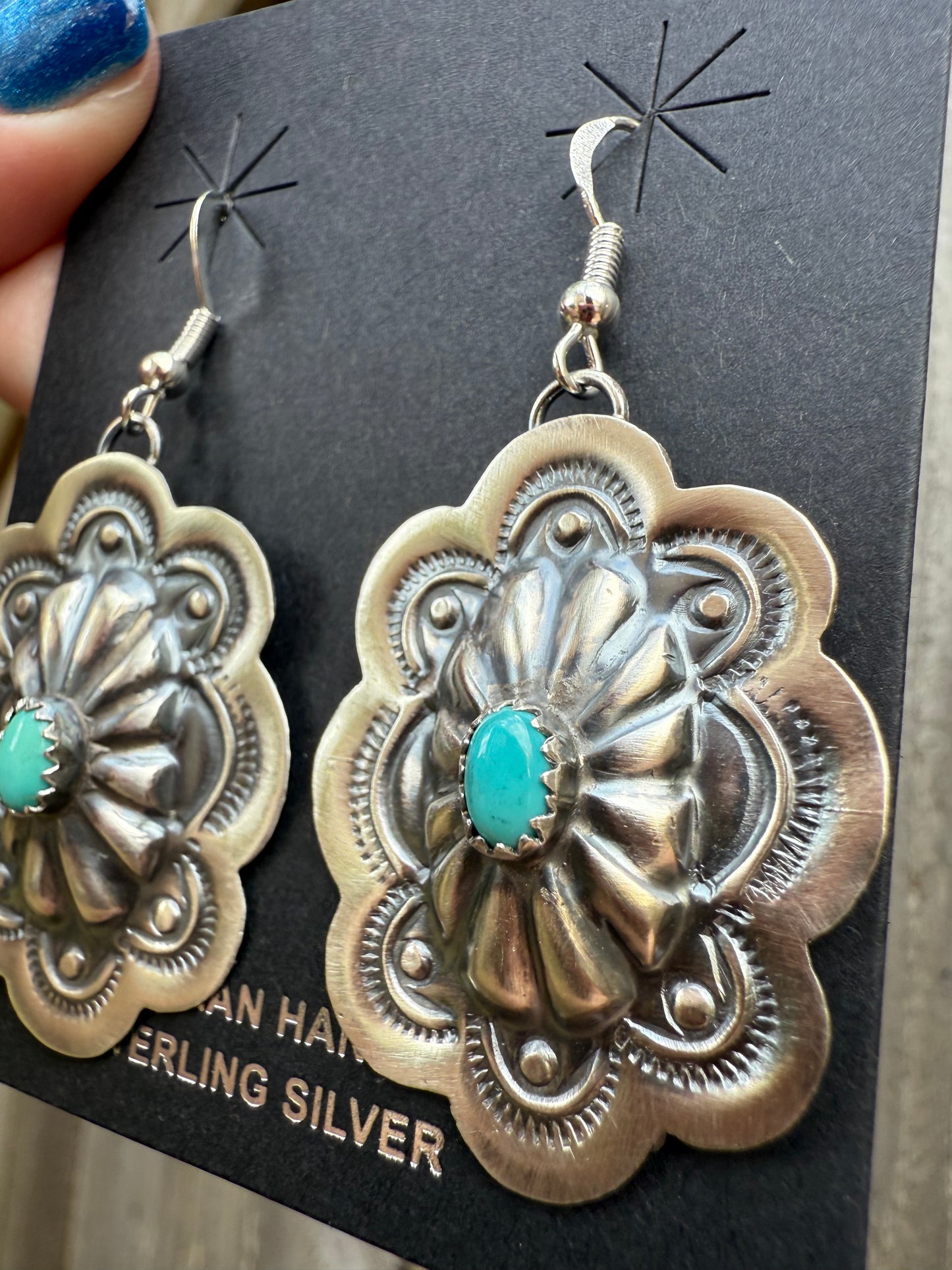 Navajo Turquoise Statement Concho Sterling Silver Earrings By Lavina Benally