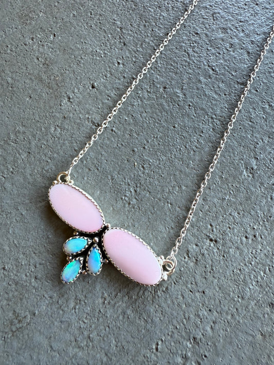 Pink Conch Gemstone and Blue Opal Stone Necklace 925 Sterling Silver