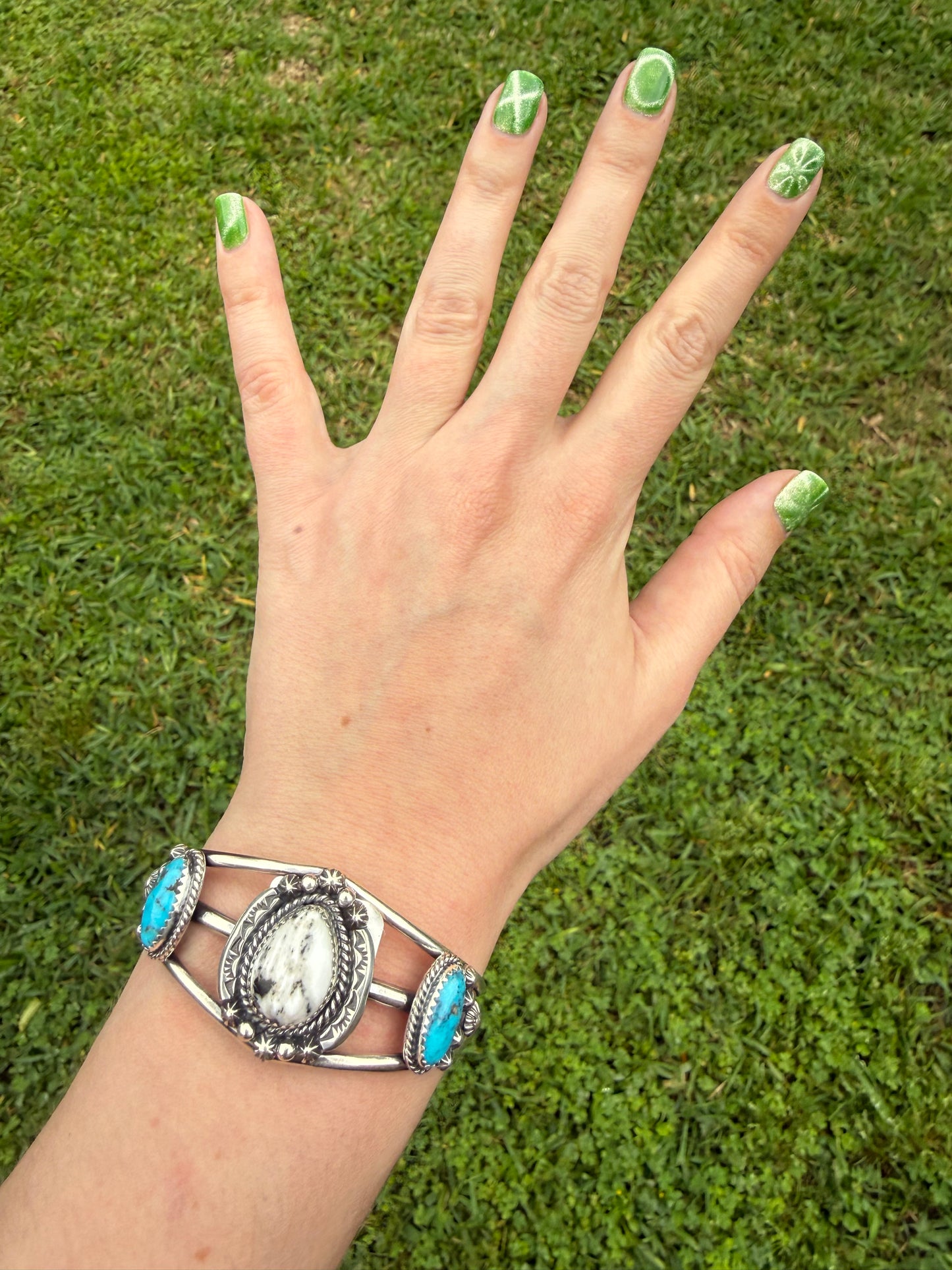 Navajo White Buffalo and Turquoise  Sterling Silver Cuff by Lorraine Yellowhair