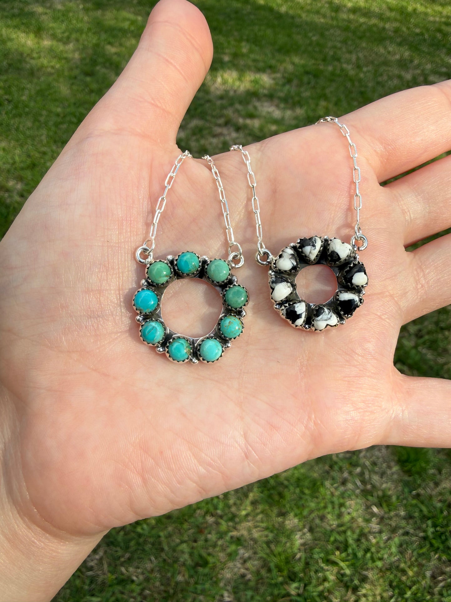 Circle Turquoise and White Buffalo Sterling Silver Necklace