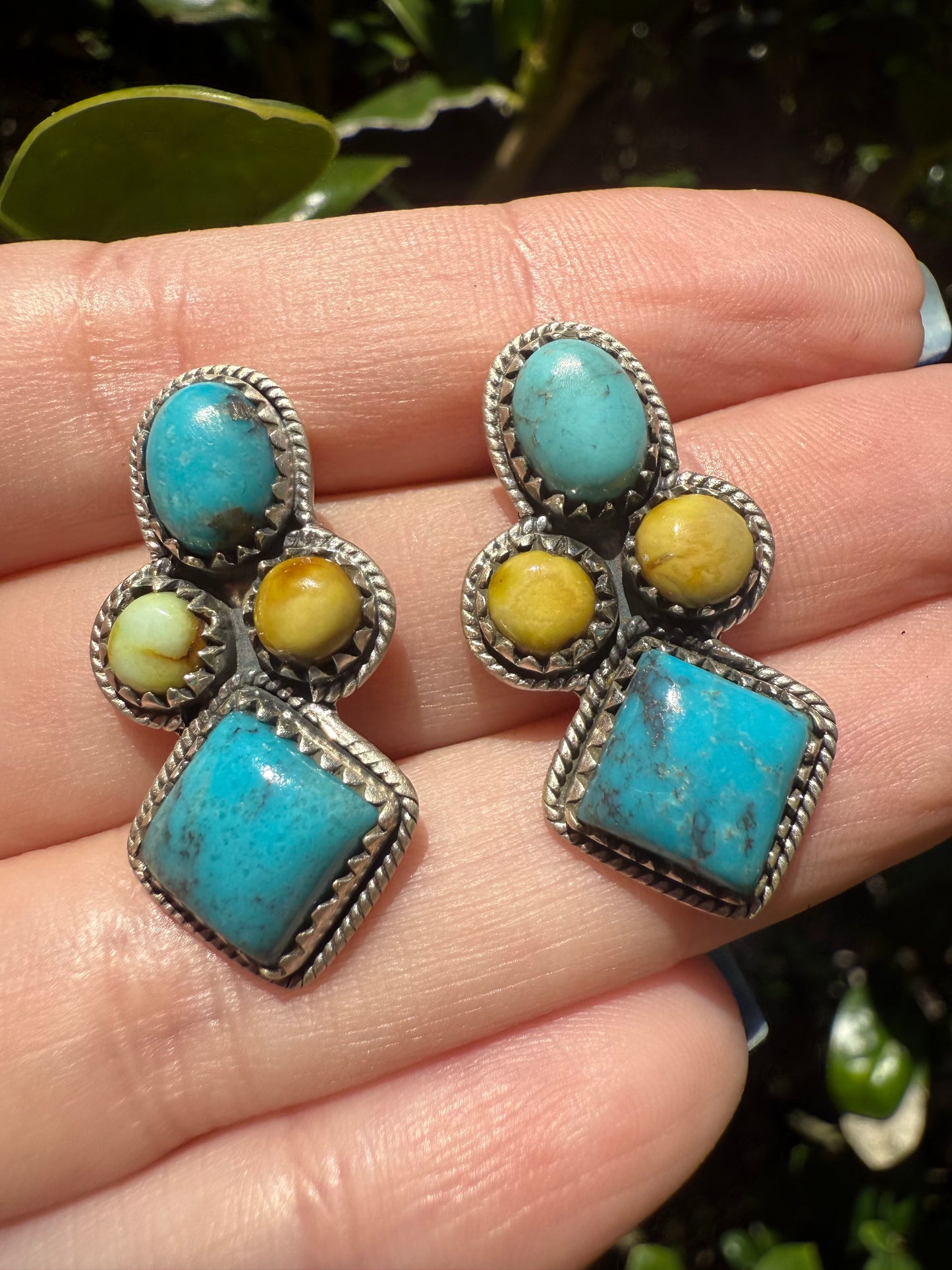 Palomino and Kingman Turquoise Sterling Silver Cluster Diamond Earrings