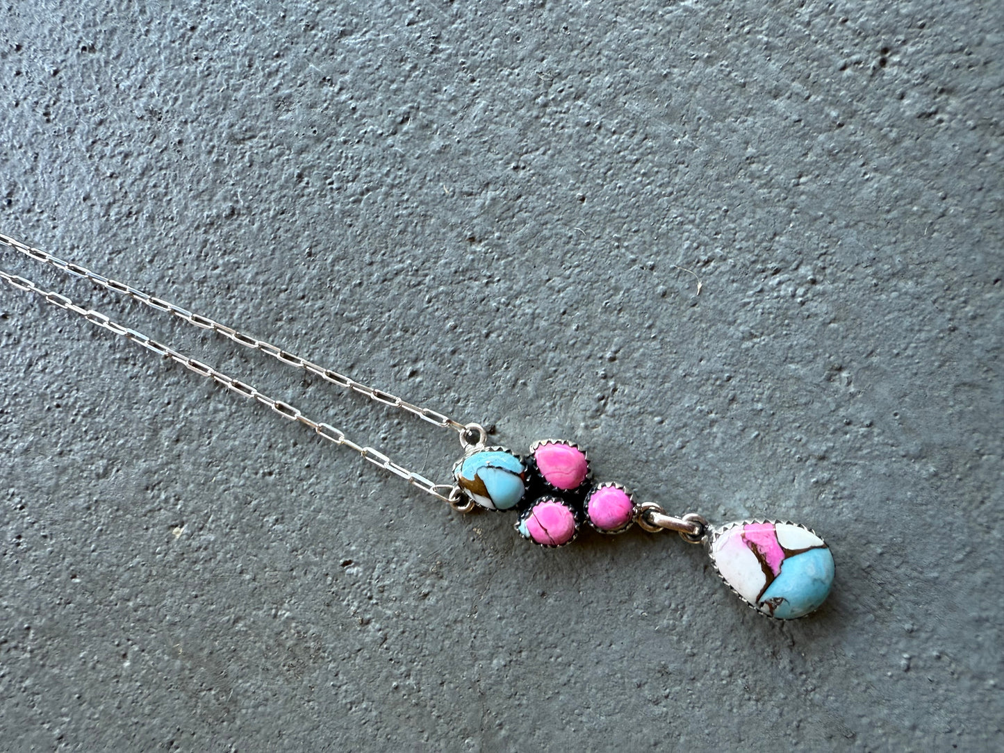 Cotton Candy Turquoise Lariat Paperclip Chain Pendant 925 Sterling Silver Necklace