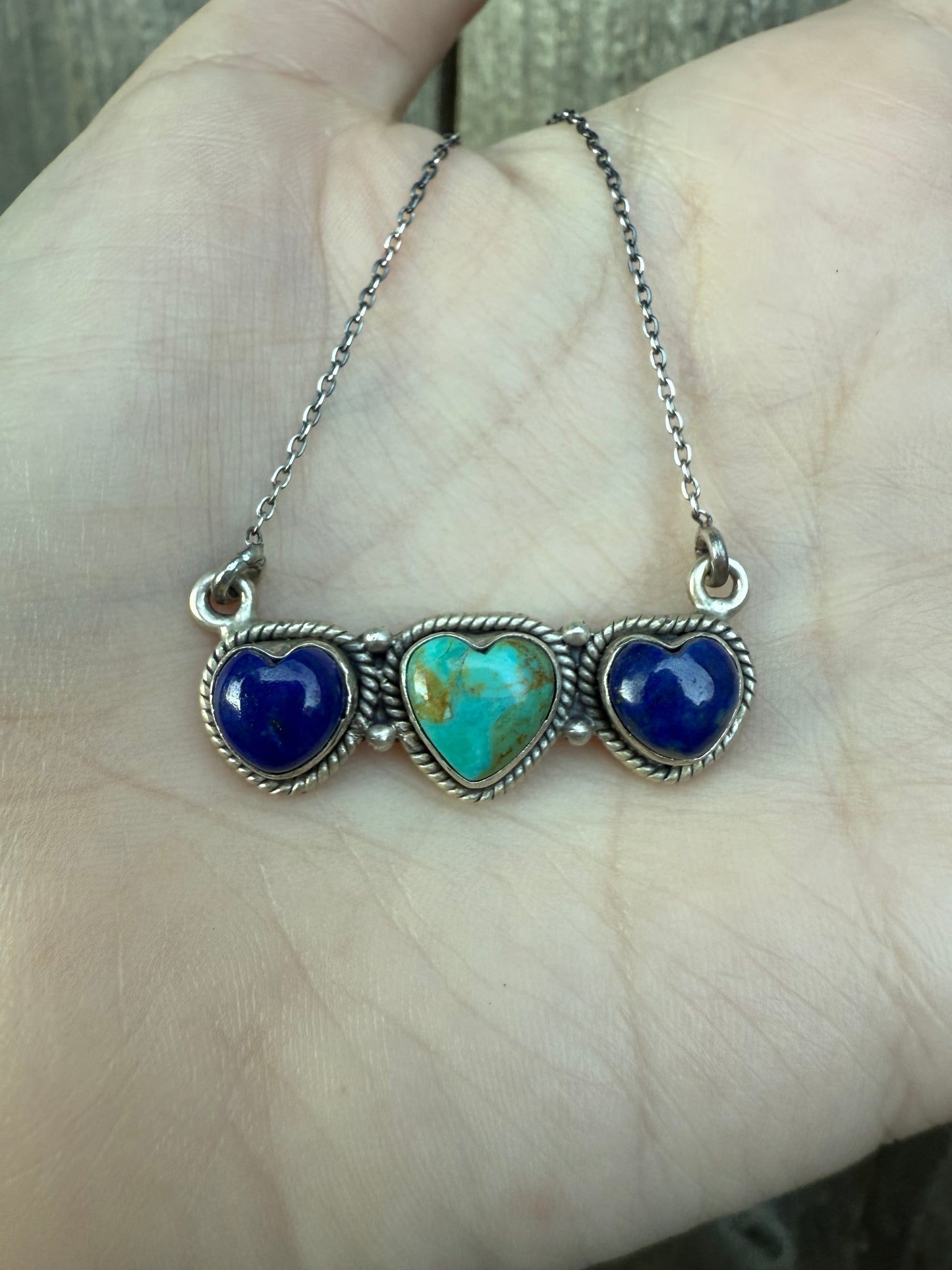 Turquoise and Blue Lapis Triple Heart Bar Sterling Silver Necklace