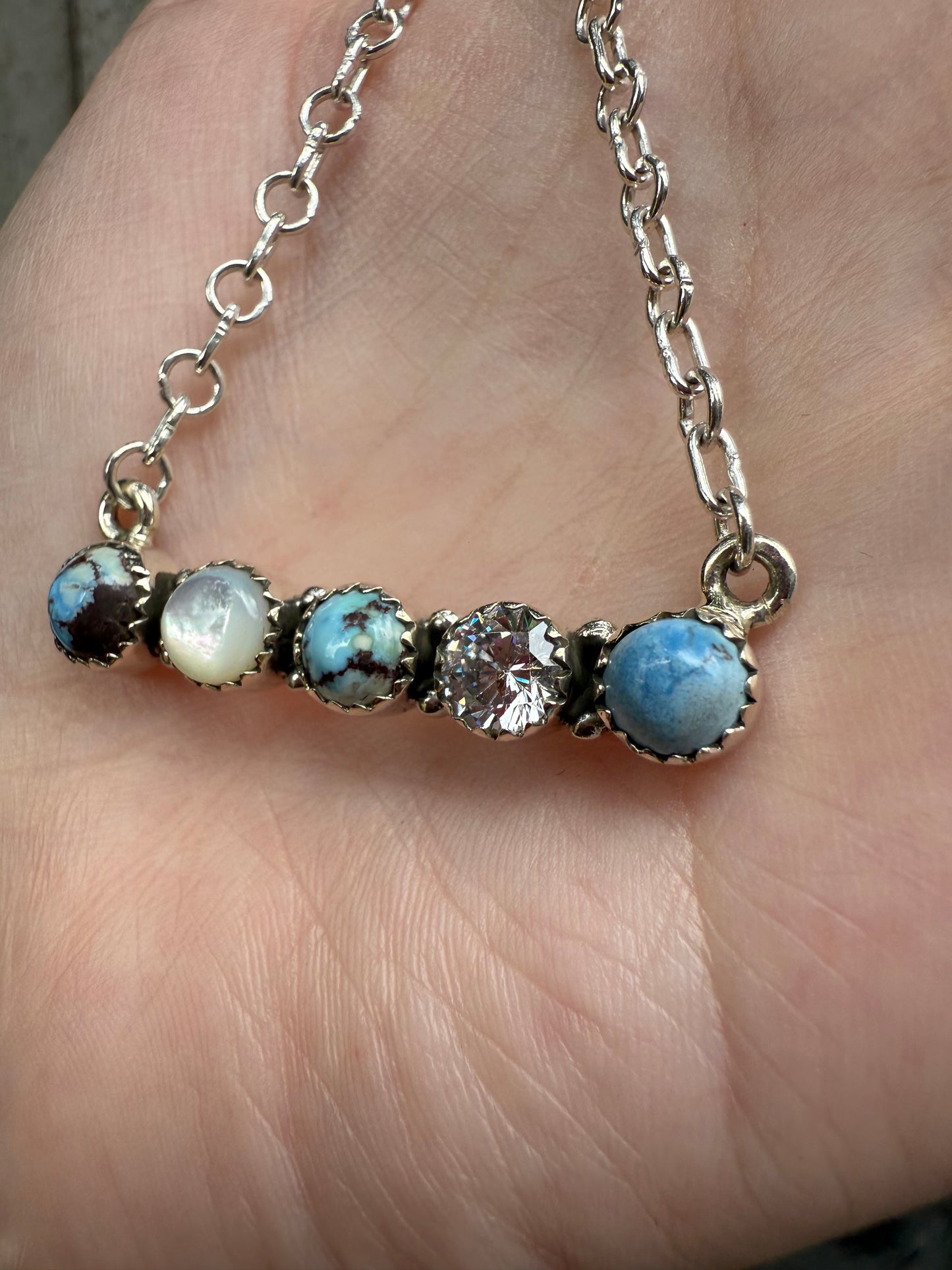 Golden Hills Turquoise, White Shell, and Crystal Bar Sterling Silver Necklace