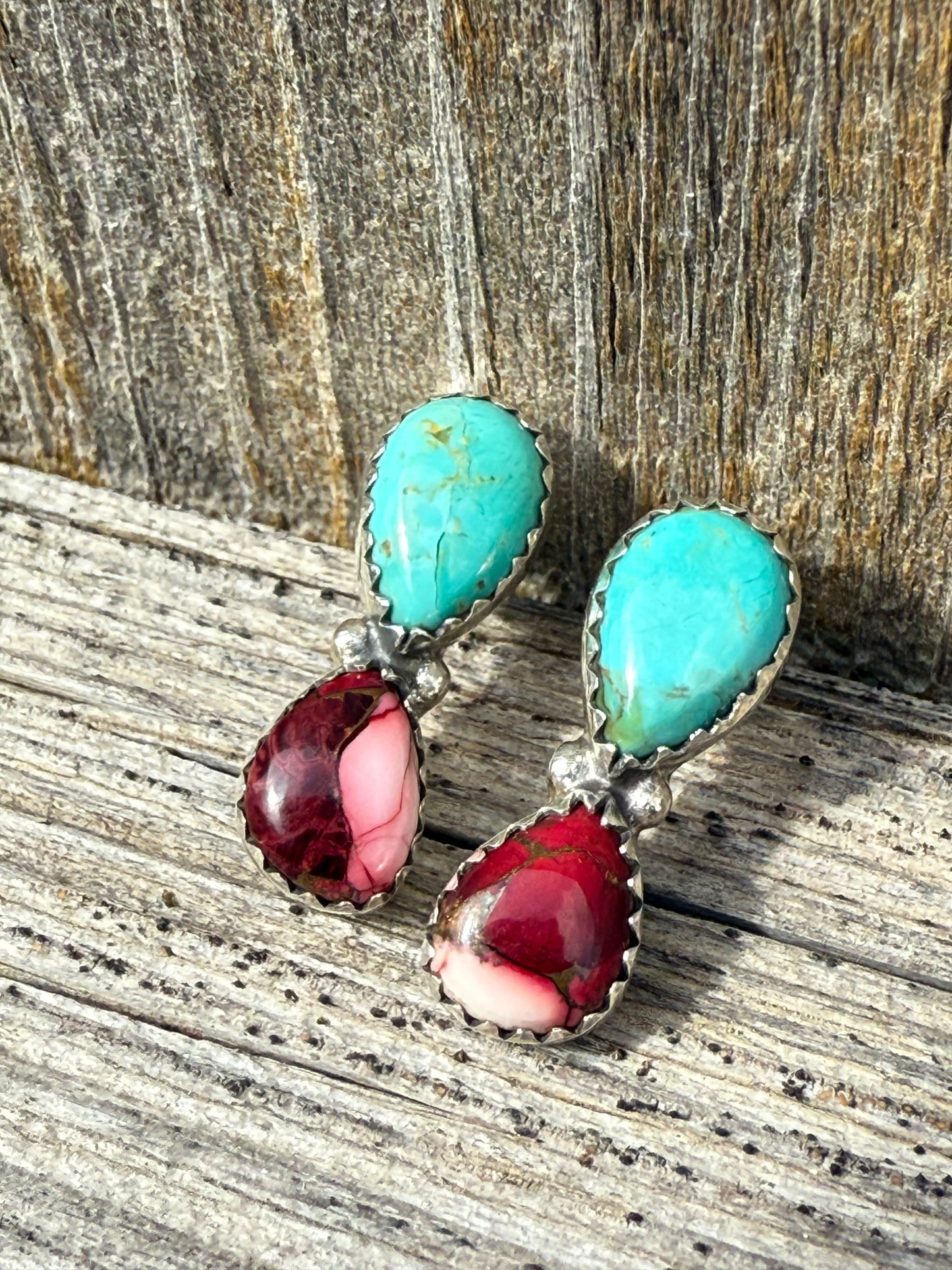 Turquoise and Rose Dahlia Teardrop Sterling Silver 925 Earrings