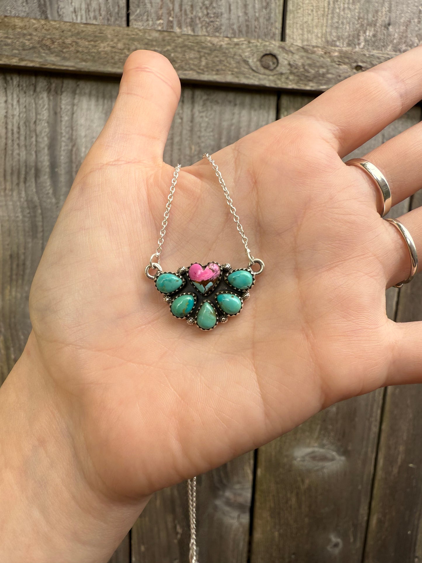 Cotton Candy And Kingman Turquoise Heart Half Flower Sterling Silver Necklace