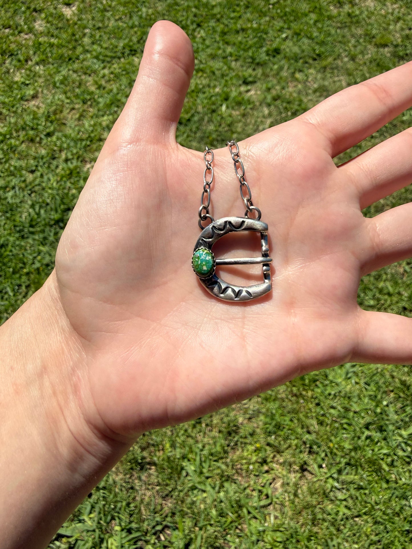 Navajo Sonoran Gold Turquoise Sterling Silver Belt Buckle Necklace