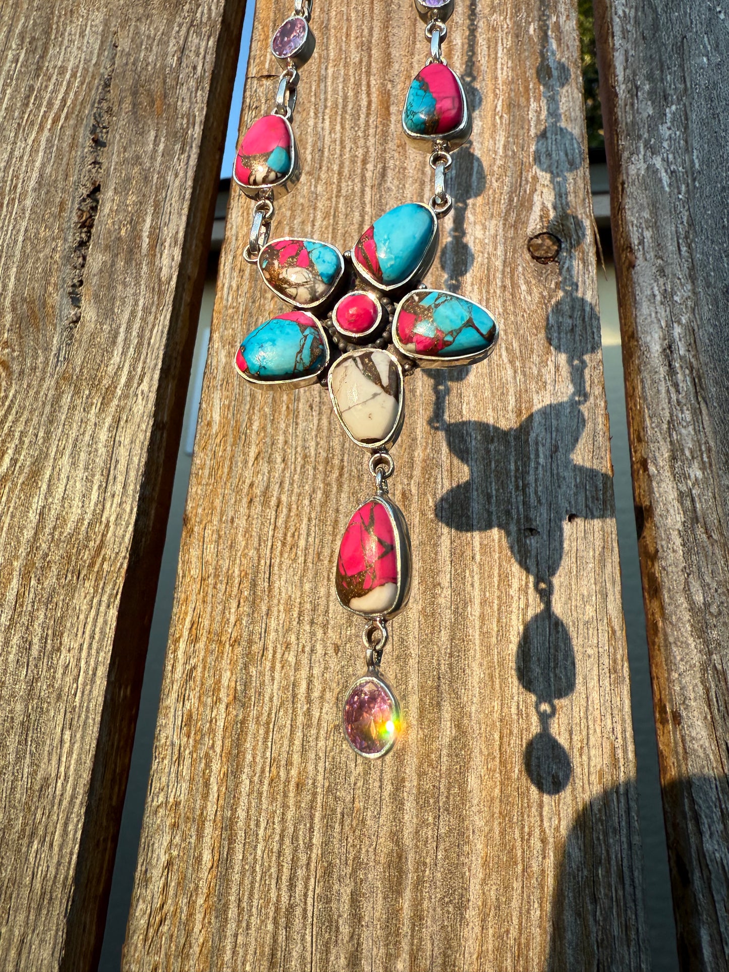 Cotton Candy Turquoise With CZ Crystals Colorful Stone Sterling Necklace 925