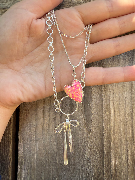 Pink Balloon Opal Heart with Bow Sterling Silver Triple Chain Necklace