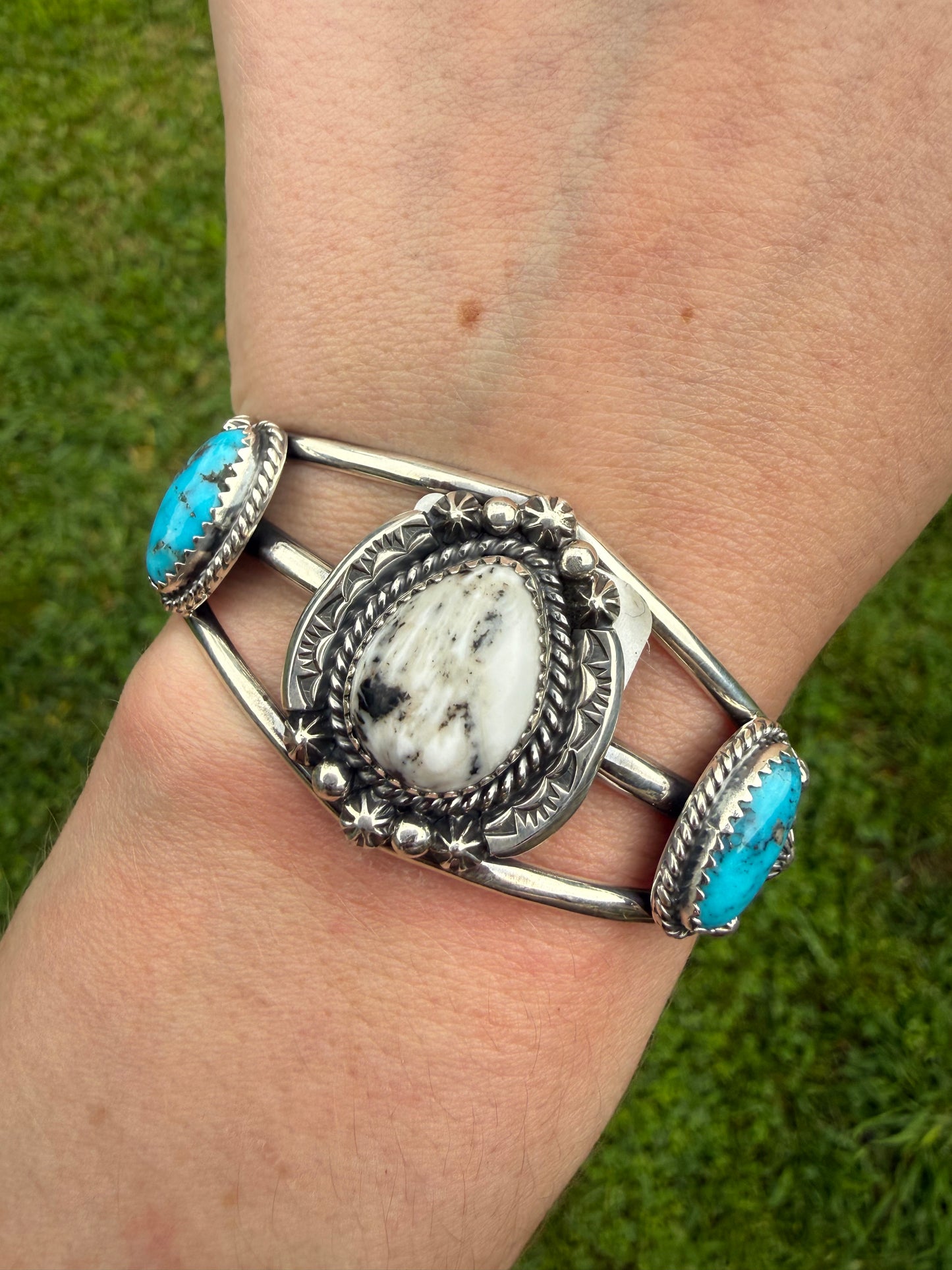 Navajo White Buffalo and Turquoise  Sterling Silver Cuff by Lorraine Yellowhair