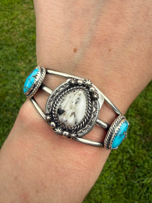 Navajo White Buffalo and Turquoise  Sterling Silver Cuff by Lorraine Yellowhair