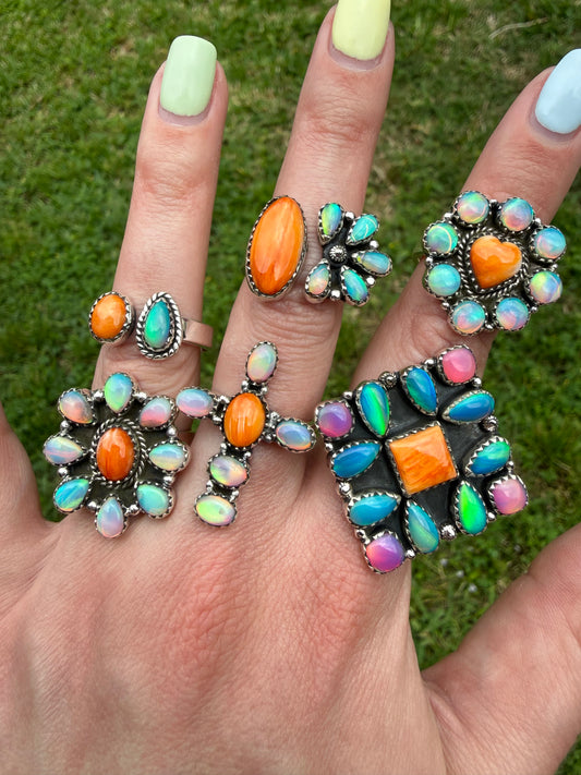 Orange Spiny and Balloon Opal Adjustable Sterling Silver Ring