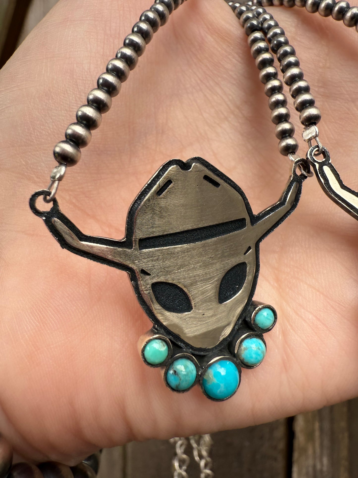 Alien Cowboy Turquoise Desert Pearl Sterling Silver Necklace