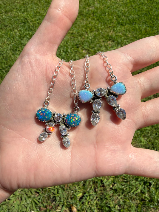 Bow Balloon Opal and CZ Crystal Sterling Silver Necklace